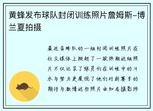 黄蜂发布球队封闭训练照片詹姆斯-博兰夏拍摄