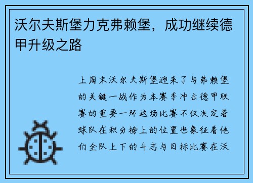 沃尔夫斯堡力克弗赖堡，成功继续德甲升级之路