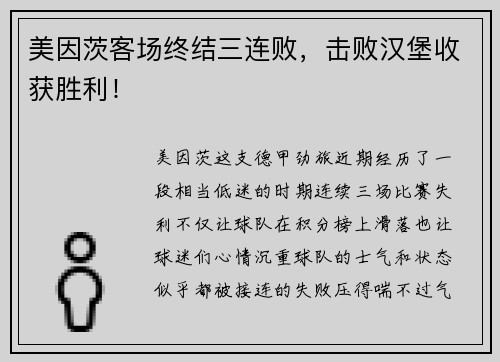 美因茨客场终结三连败，击败汉堡收获胜利！