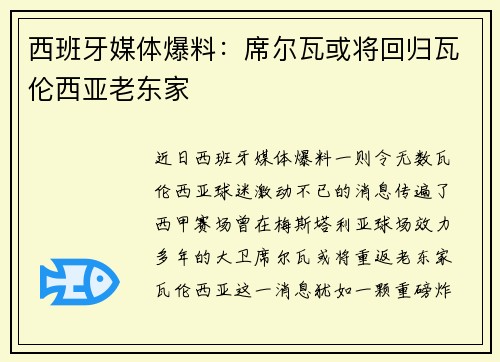 西班牙媒体爆料：席尔瓦或将回归瓦伦西亚老东家